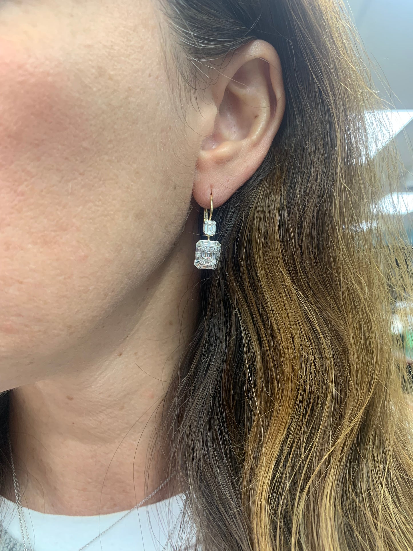 Round and Baguette Diamond Hanging Earrings