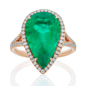 Green Emerald Pear and Diamond Halo Ring