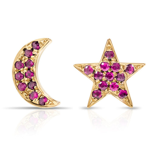 Pink Sapphire Moon and Star Earrings