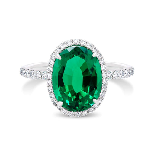 Platinum Oval Emerald and Diamond Halo Ring