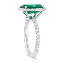 Load image into Gallery viewer, Platinum Oval Emerald and Diamond Halo Ring