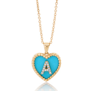 Small Turquoise Heart Diamond Initial Pendant