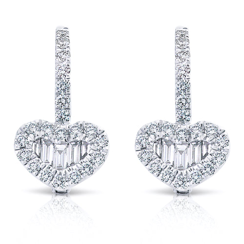 Baguette and Round Diamond Heart Earrings