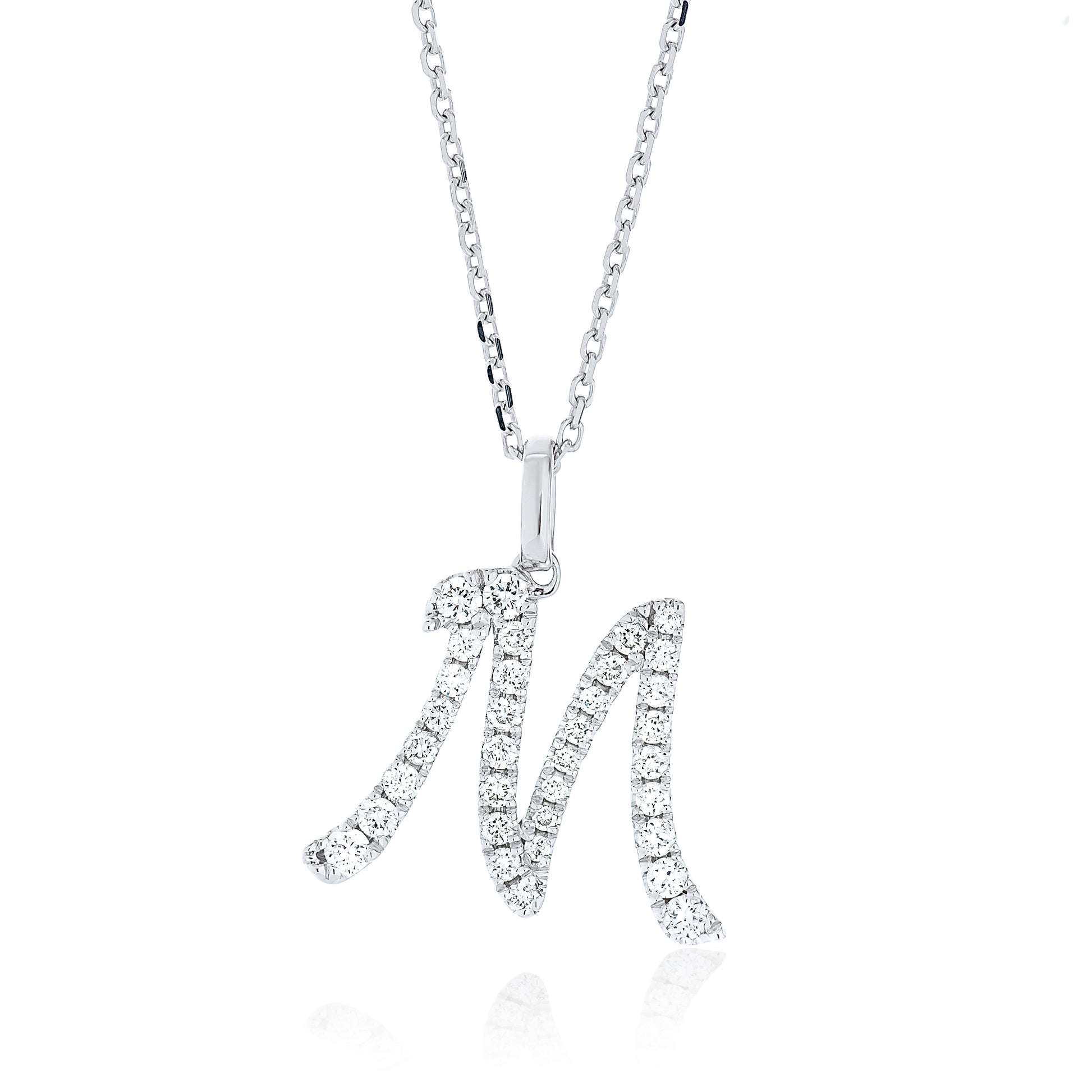 Diamond Script Letter Pendant - M Silver