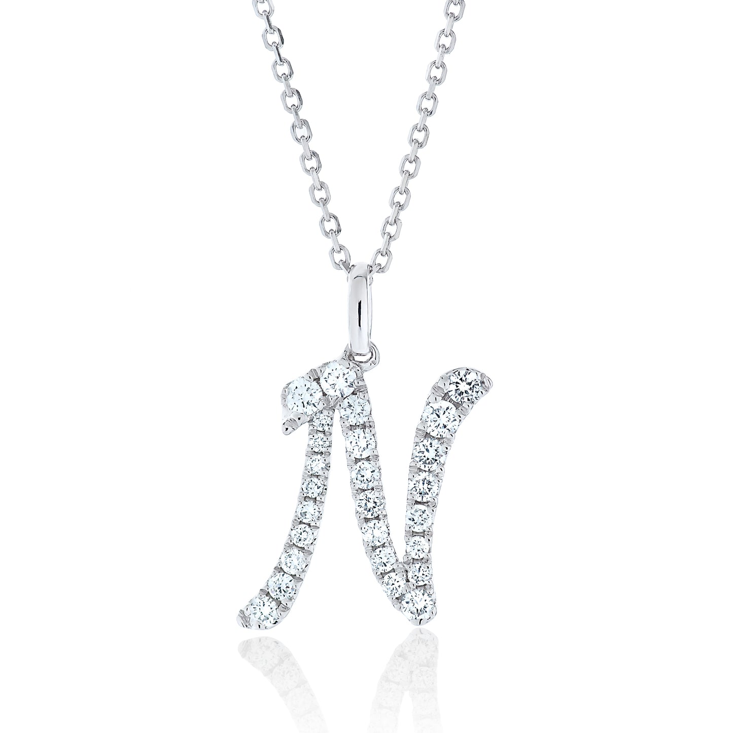 Diamond Script Letter Pendant - N Silver