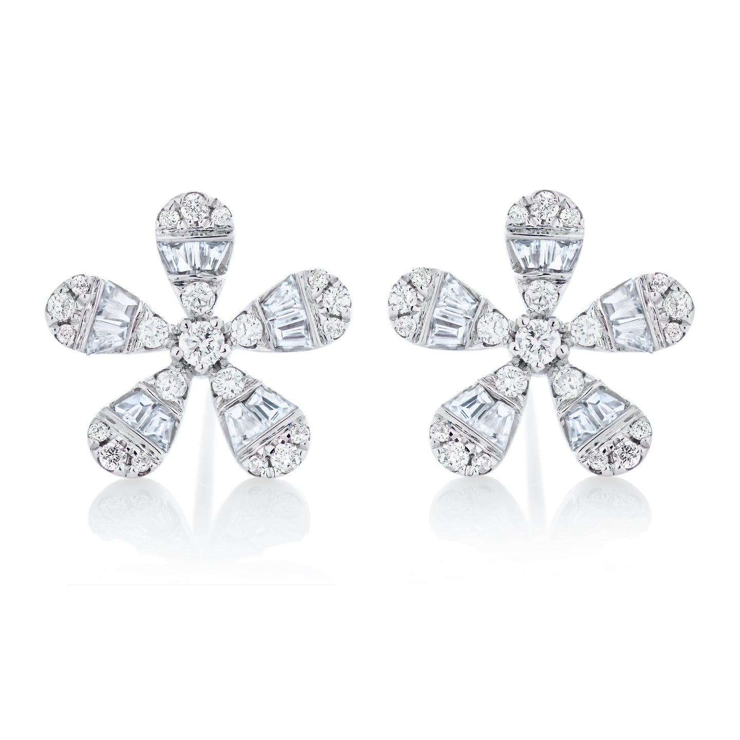 Petite Round and Baguette Diamond Flower Earrings