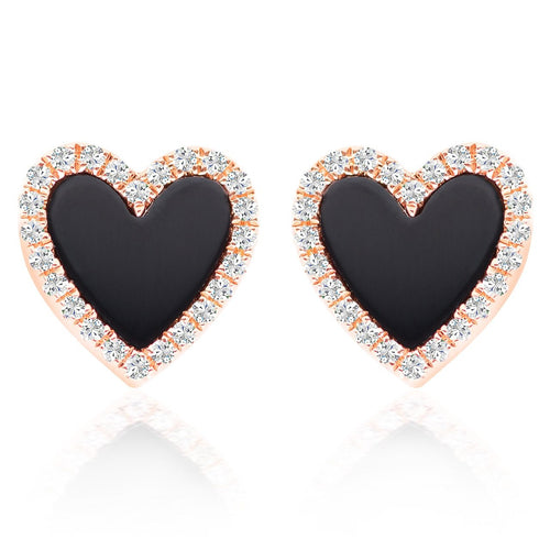 Onyx and Diamond Heart Stud Earrings