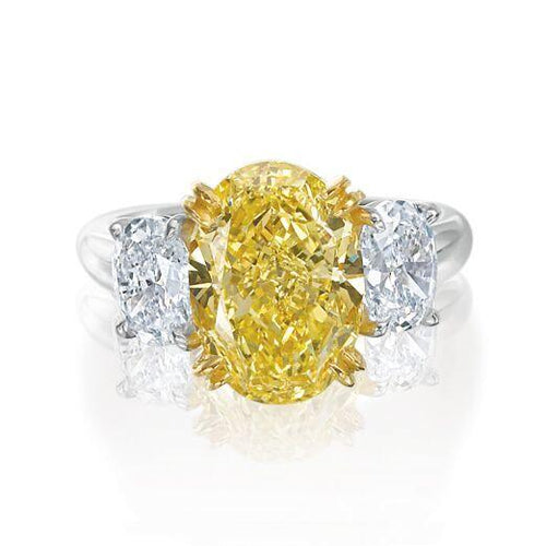 Oval Yellow and White Diamond Three Stone Engagement Ring
