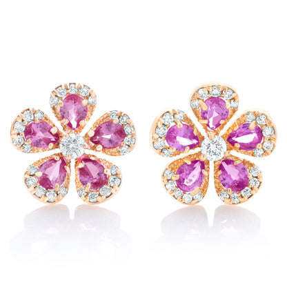 Pink Sapphire Rose Cut and Diamond Flower Earrings