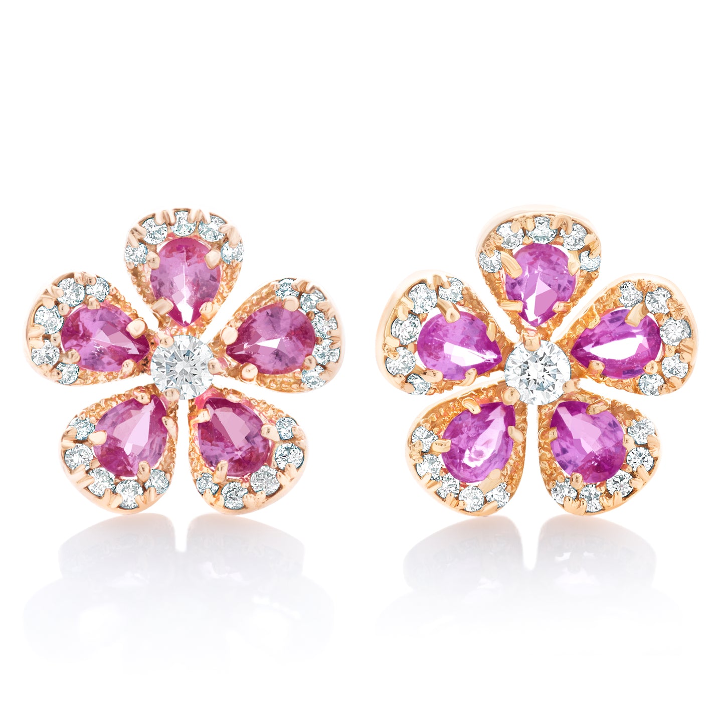 Pink Sapphire Rose Cut and Diamond Flower Earrings