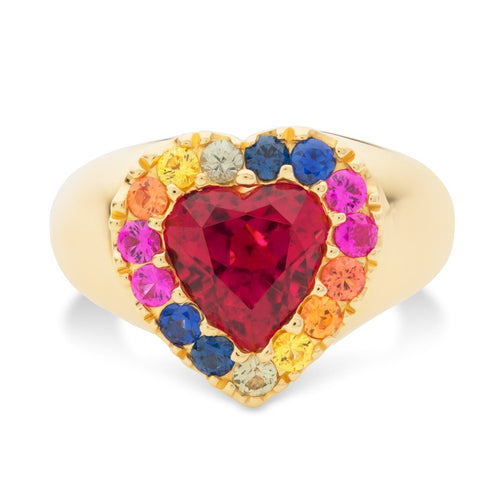 Rubellite Heart and Sapphire Rainbow Pinky Ring