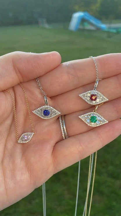 Large Diamond and Green Emerald Evil Eye Pendant - Video