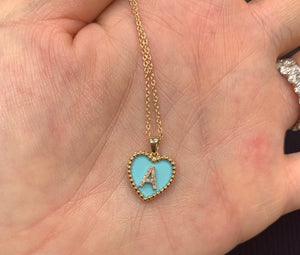 Small Turquoise Heart Diamond Initial Pendant - Two