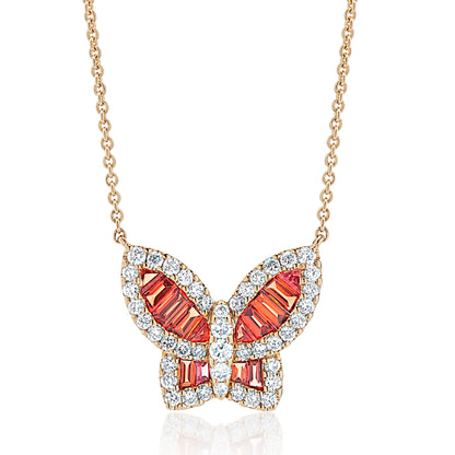 Large Autumn Orange Sapphire and Diamond Butterfly Pendant
