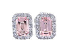 Load image into Gallery viewer, Emerald Cut Morganite and Round Diamond Halo Studs