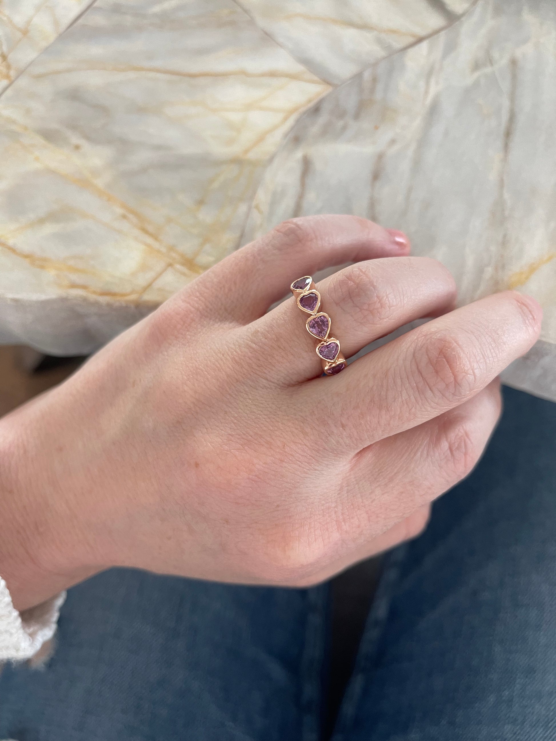 Pink Sapphire Bezel Set Heart Shape Band 3