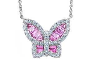 Medium Pink Sapphire and Diamond Butterfly Pendant - Close up