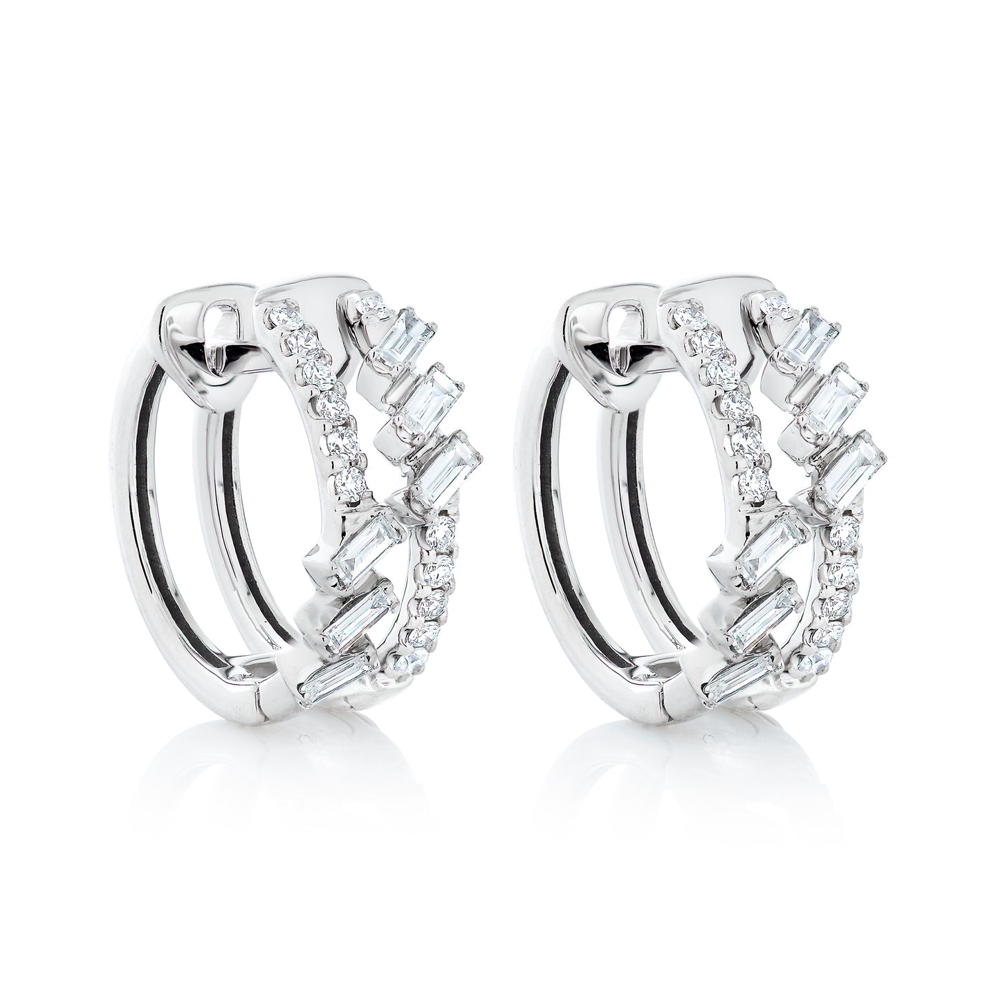 Double Row Baguette and Round Diamond Huggie Earrings