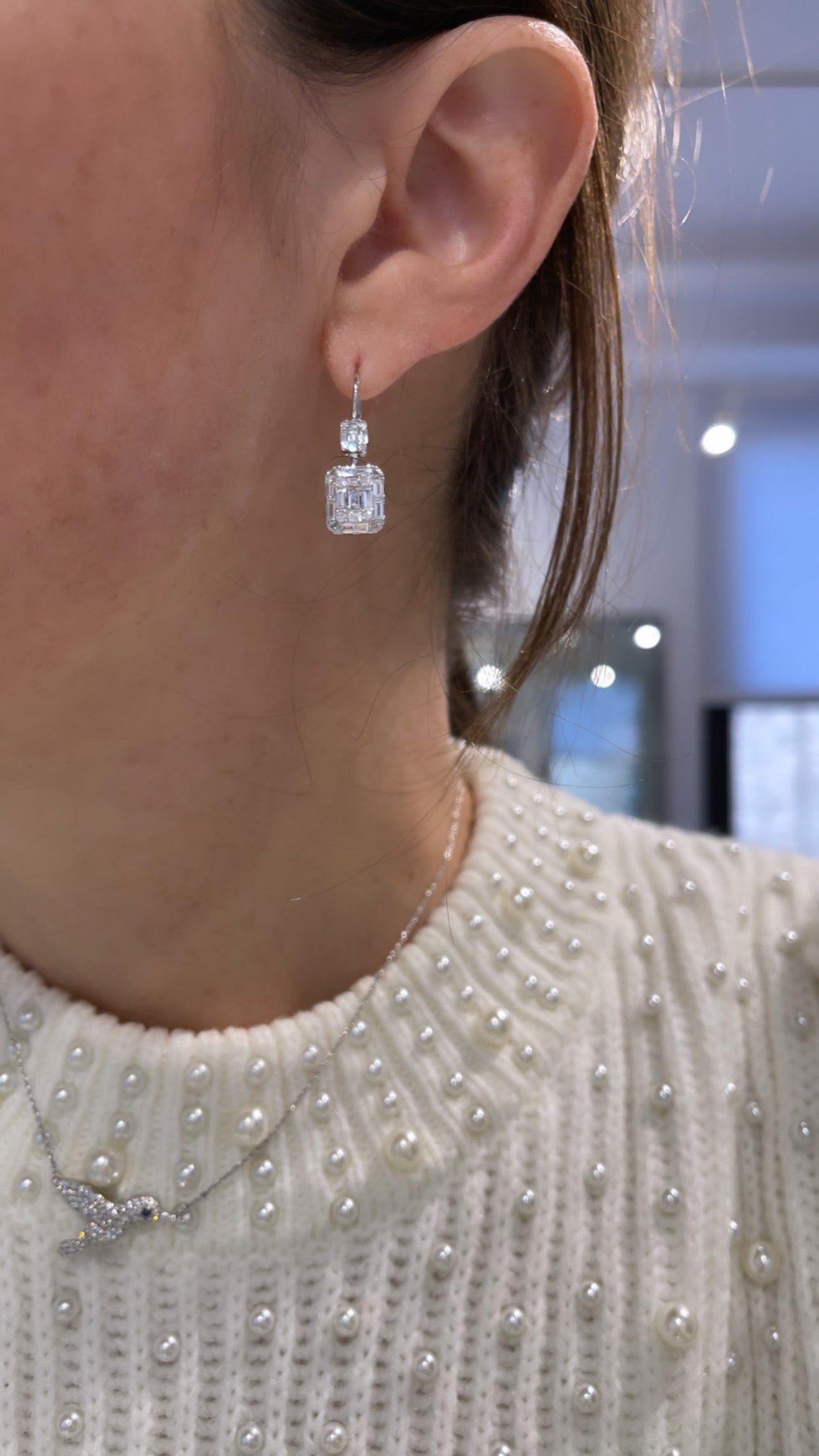 Round and Baguette Diamond Hanging Earrings 2