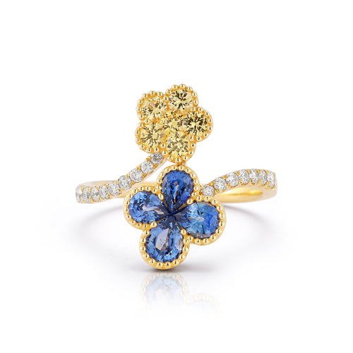 Yellow and Blue Sapphire Diamond Double Flower Ring