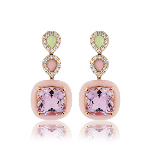 Candy Pink and Green Enamel Earrings with Amethyst and Diamonds