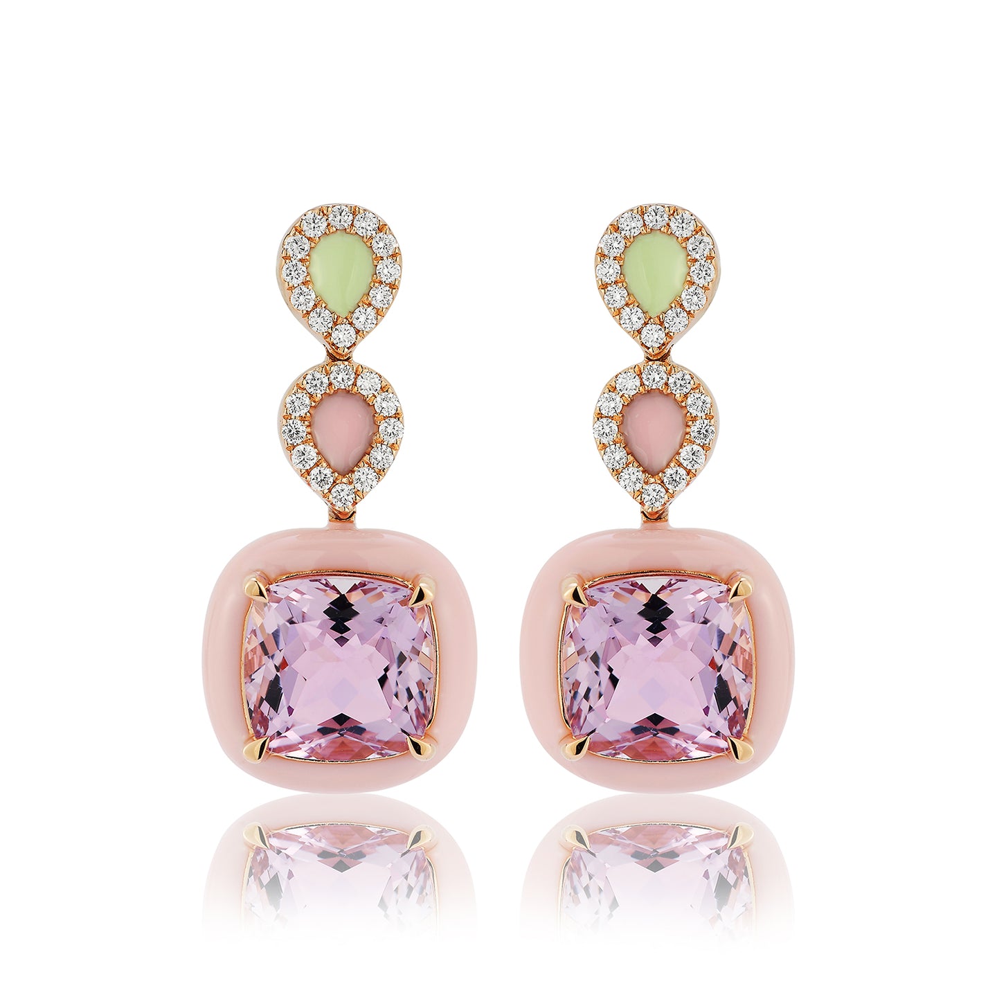 Candy Pink and Green Enamel Earrings with Amethyst and Diamonds