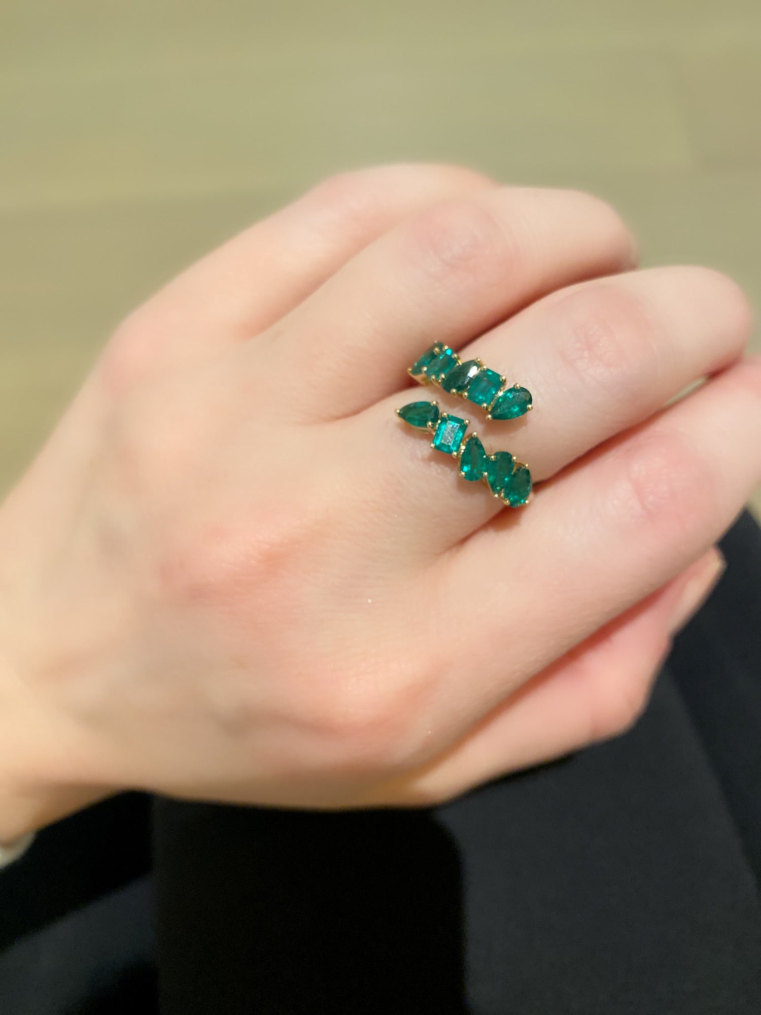 Mixed Cut Green Cross Over Emerald Ring 2