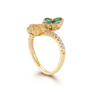 Emerald, Yellow Sapphire and Diamond Double Flower Ring - Two