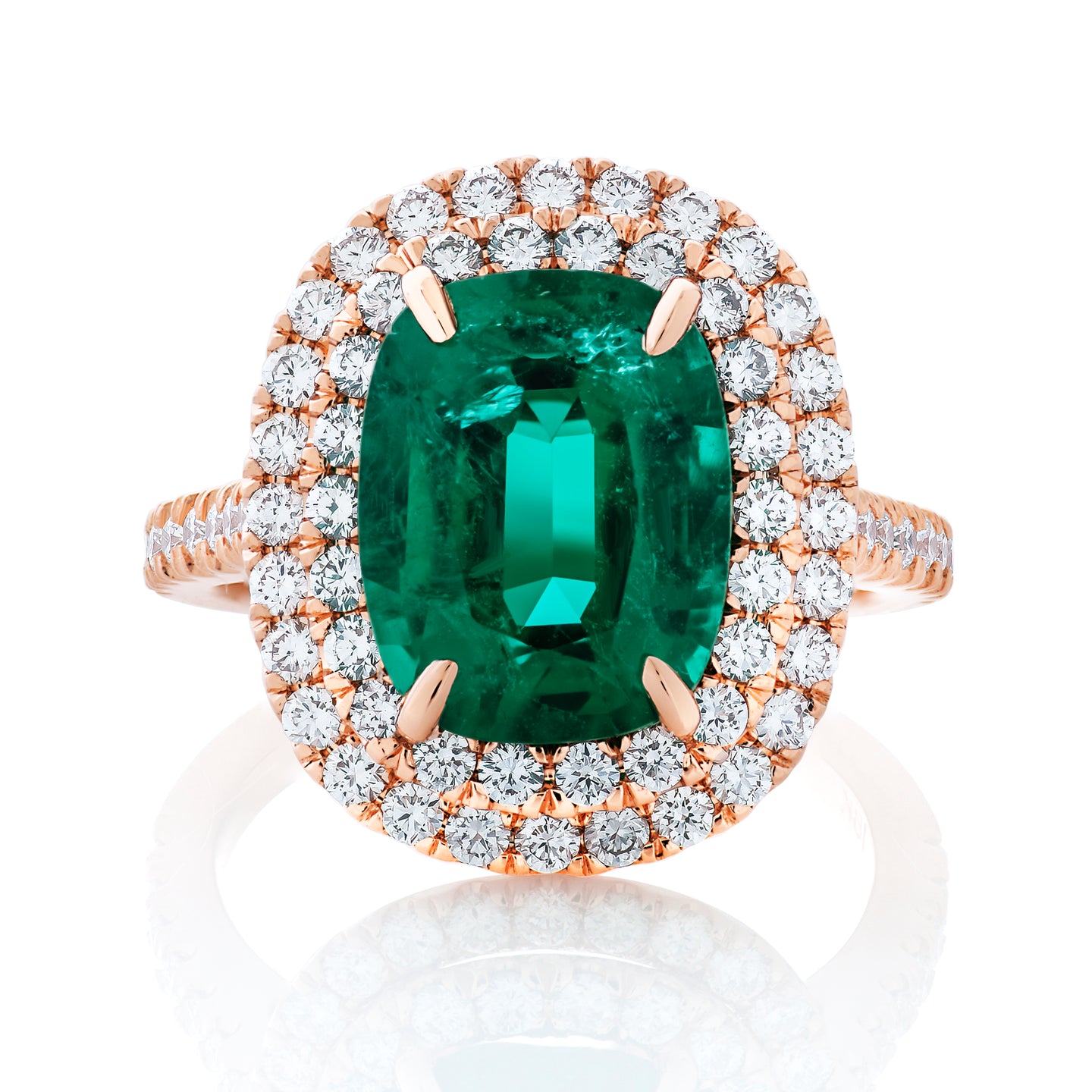 Double Diamond Halo Green Emerald Cushion Ring