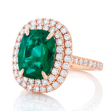 Load image into Gallery viewer, Double Diamond Halo Green Emerald Cushion Ring 2