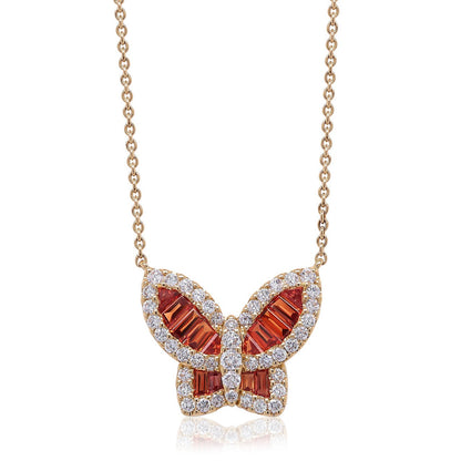 Large Autumn Orange Sapphire and Diamond Butterfly Pendant 2