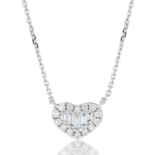 Round and Baguette Diamond Heart Pendant