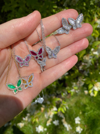 Large Pink Sapphire and Diamond Butterfly Pendant - Four