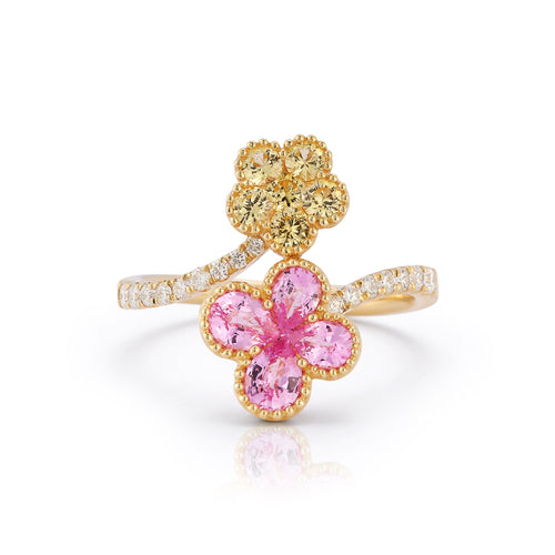 Yellow and Pink Sapphire Diamond Flower Ring
