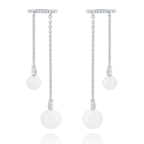 Diamond and Pearl Double Drop Hanging Earrings