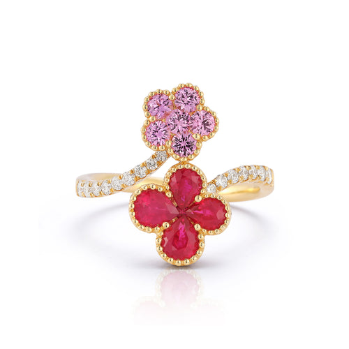 Ruby, Diamond and Pink Sapphire Double Flower Ring