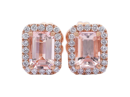 Emerald Cut Morganite and Round Diamond Halo Studs - Rose