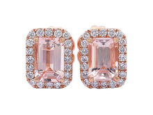 Load image into Gallery viewer, Emerald Cut Morganite and Round Diamond Halo Studs - Rose