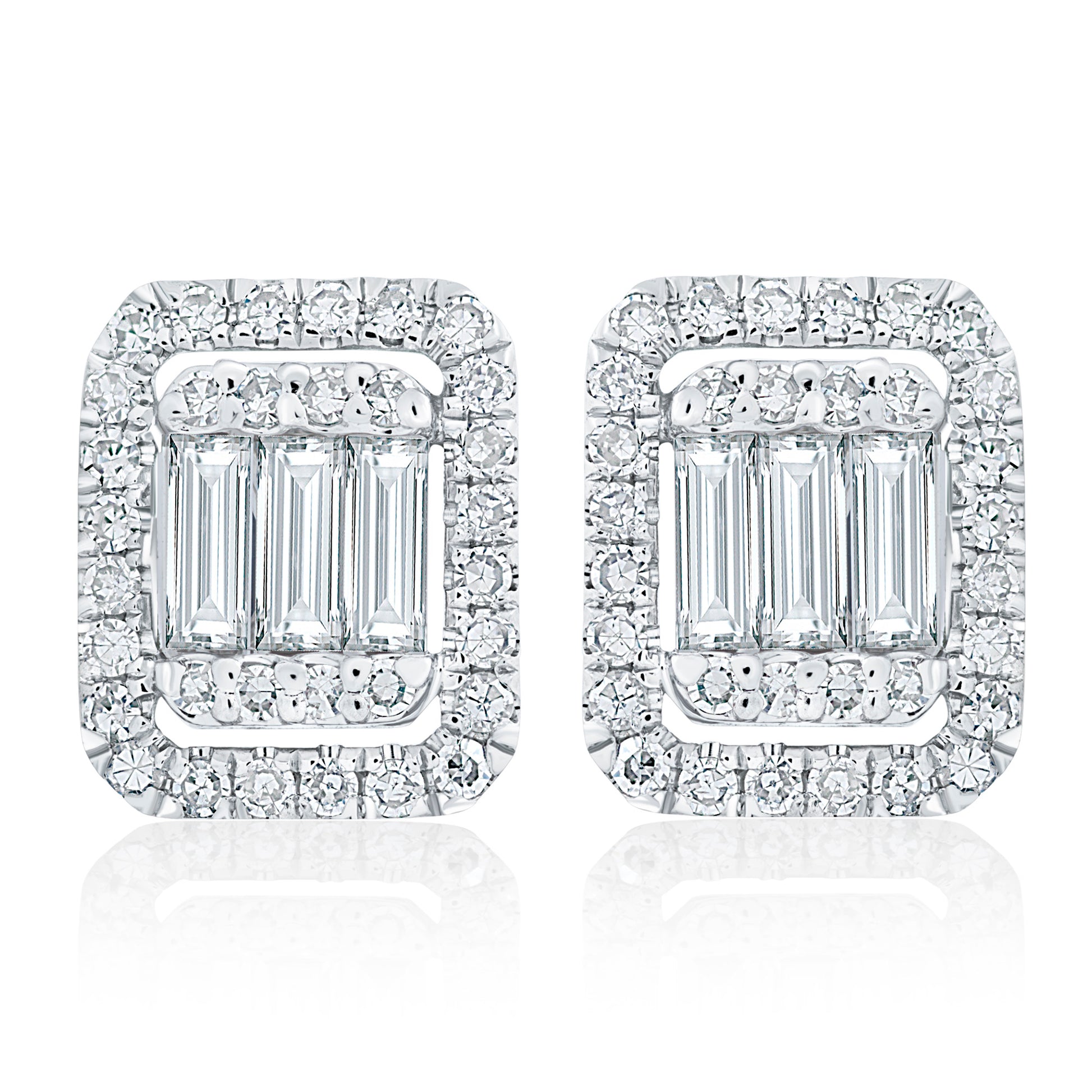 Baguette and Round Diamond Halo Studs