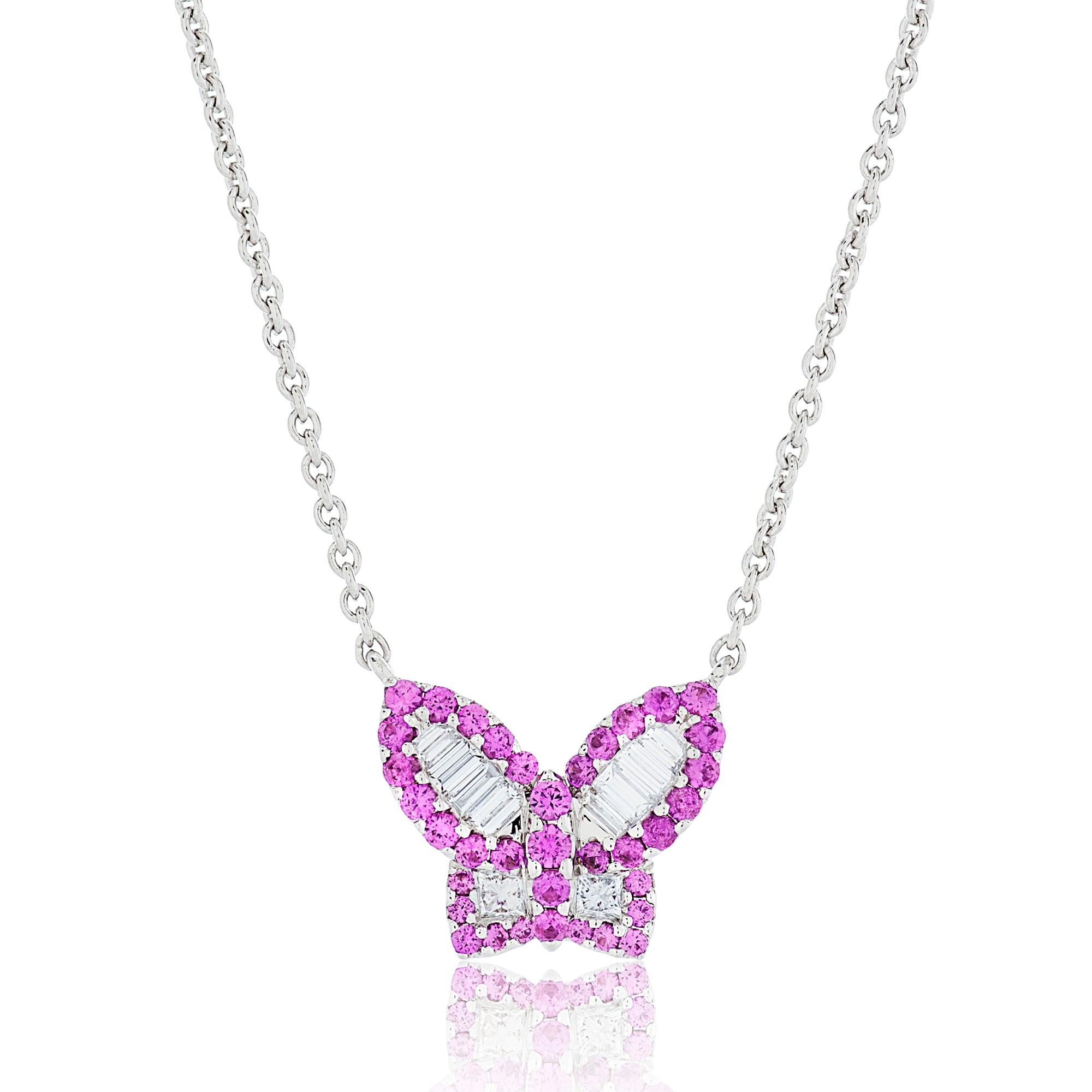 18K White Gold Diamond Halo Pink Sapphire Sun Pendant Necklace