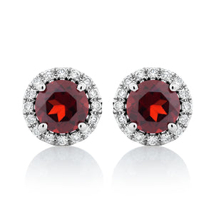 Garnet and Diamond Halo Stud Earrings