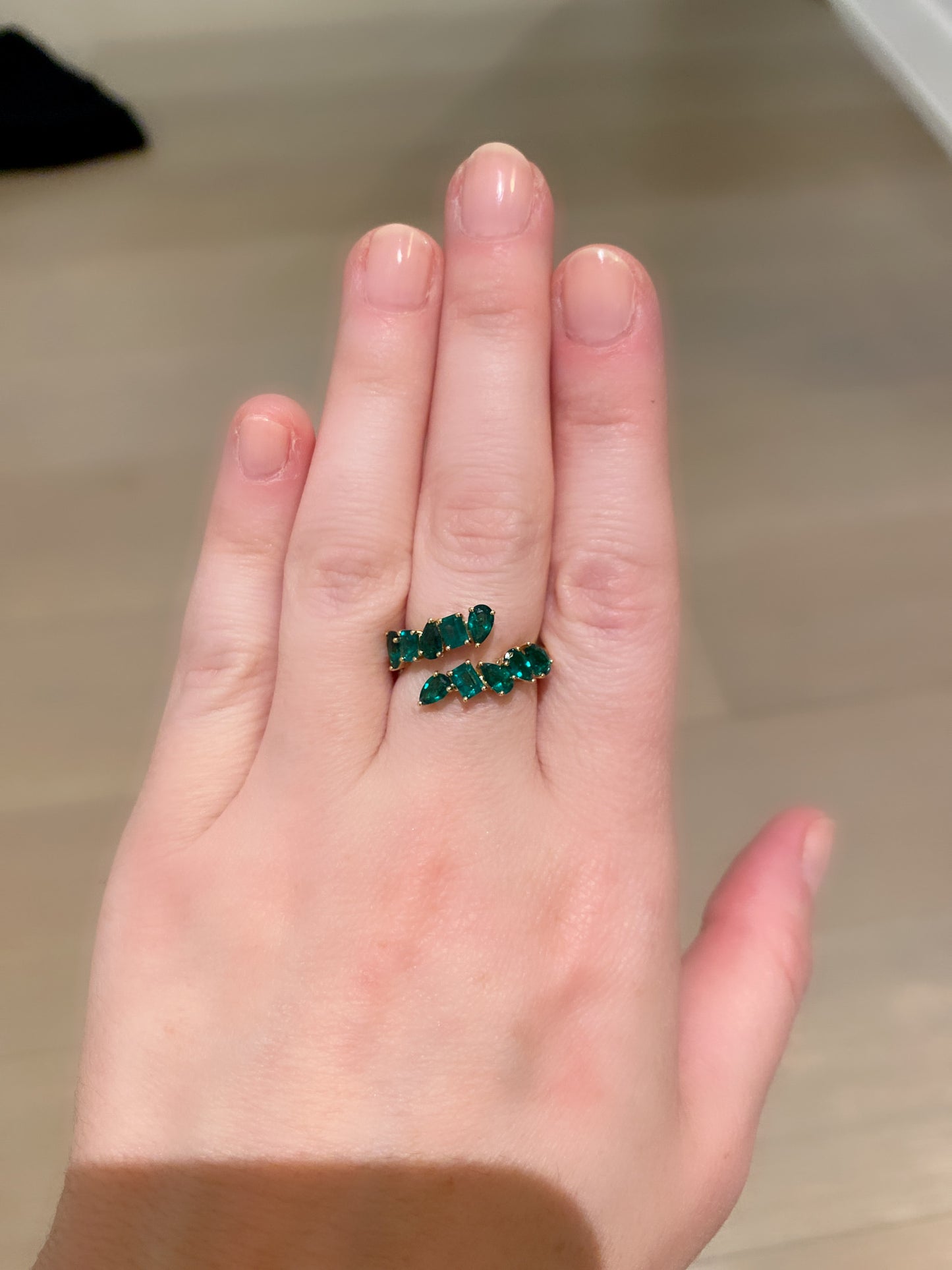 Mixed Cut Green Cross Over Emerald Ring