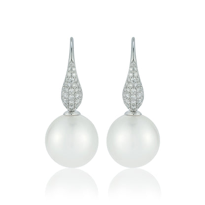 Graudating Pave Diamond Pearl Earrings