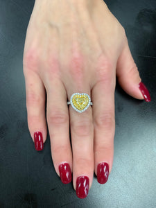 Fancy Yellow and White Diamond Heart Shape Ring - Three