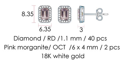 Emerald Cut Morganite and Round Diamond Halo Studs - Measurements
