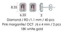 Load image into Gallery viewer, Emerald Cut Morganite and Round Diamond Halo Studs - Measurements