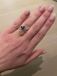 Yellow and Blue Sapphire Diamond Double Flower Ring - Three