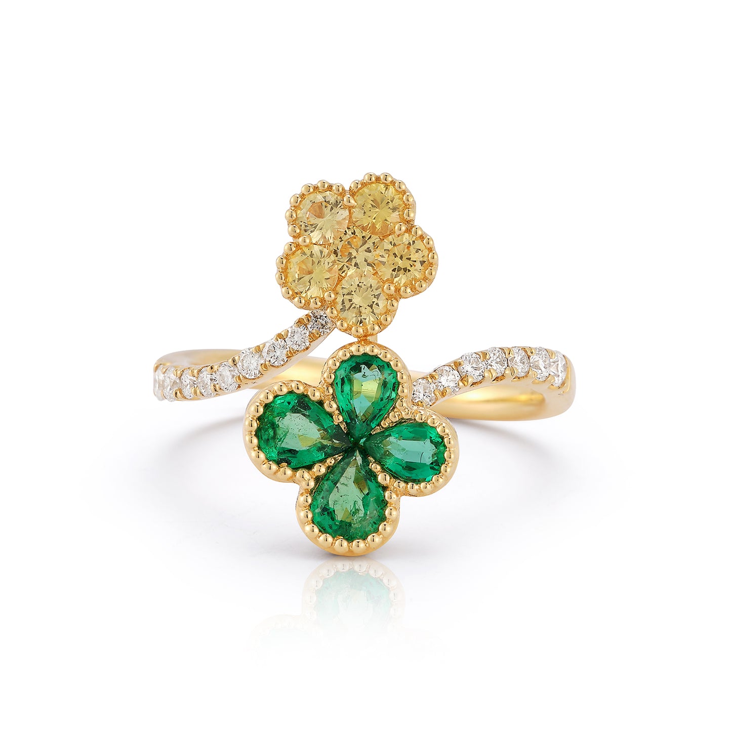 Emerald, Yellow Sapphire and Diamond Double Flower Ring