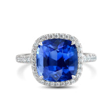 Load image into Gallery viewer, Platinum Cushion Sapphire with Diamond Halo