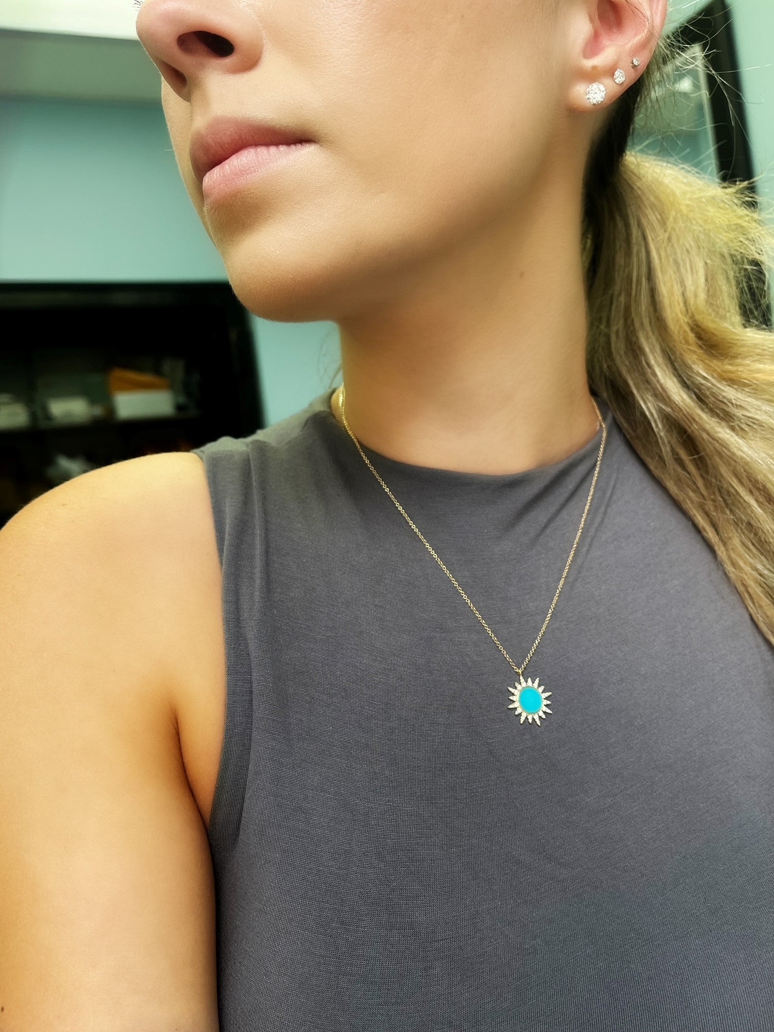 Diamond and Turquoise Sun Burst Pendant 3